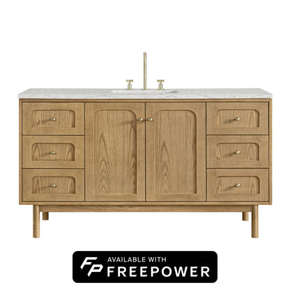 Renovate for Less Atlanta Laurent 60" Single Vanity, Light Natural Oak, w/ 3 CM Eternal Jasmine Pearl Silestone Top w/ FreePower Wireless Charger