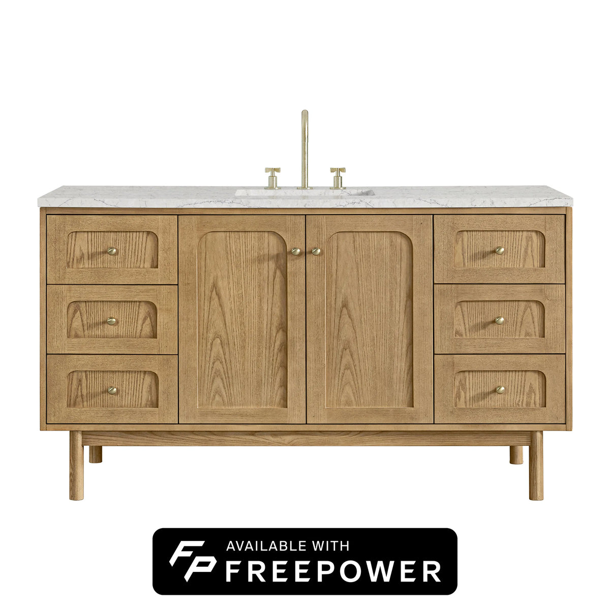 Laurent 60" Single Vanity, Light Natural Oak, w/ 3 CM Eternal Jasmine Pearl Silestone Top w/ FreePower Wireless Charger