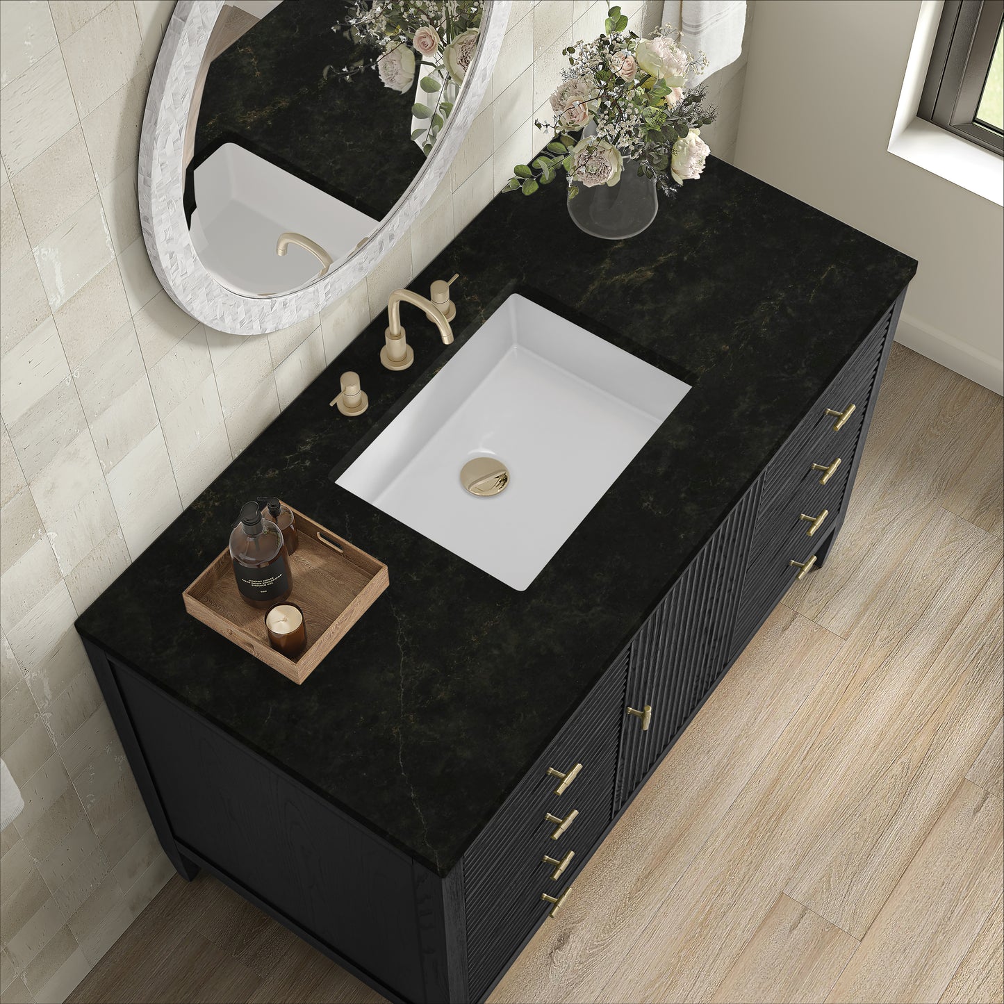 Renovate for Less Atlanta Myrrin 48" Single Vanity, Carbon Oak, w/ 3 CM Phantome Eclos Top