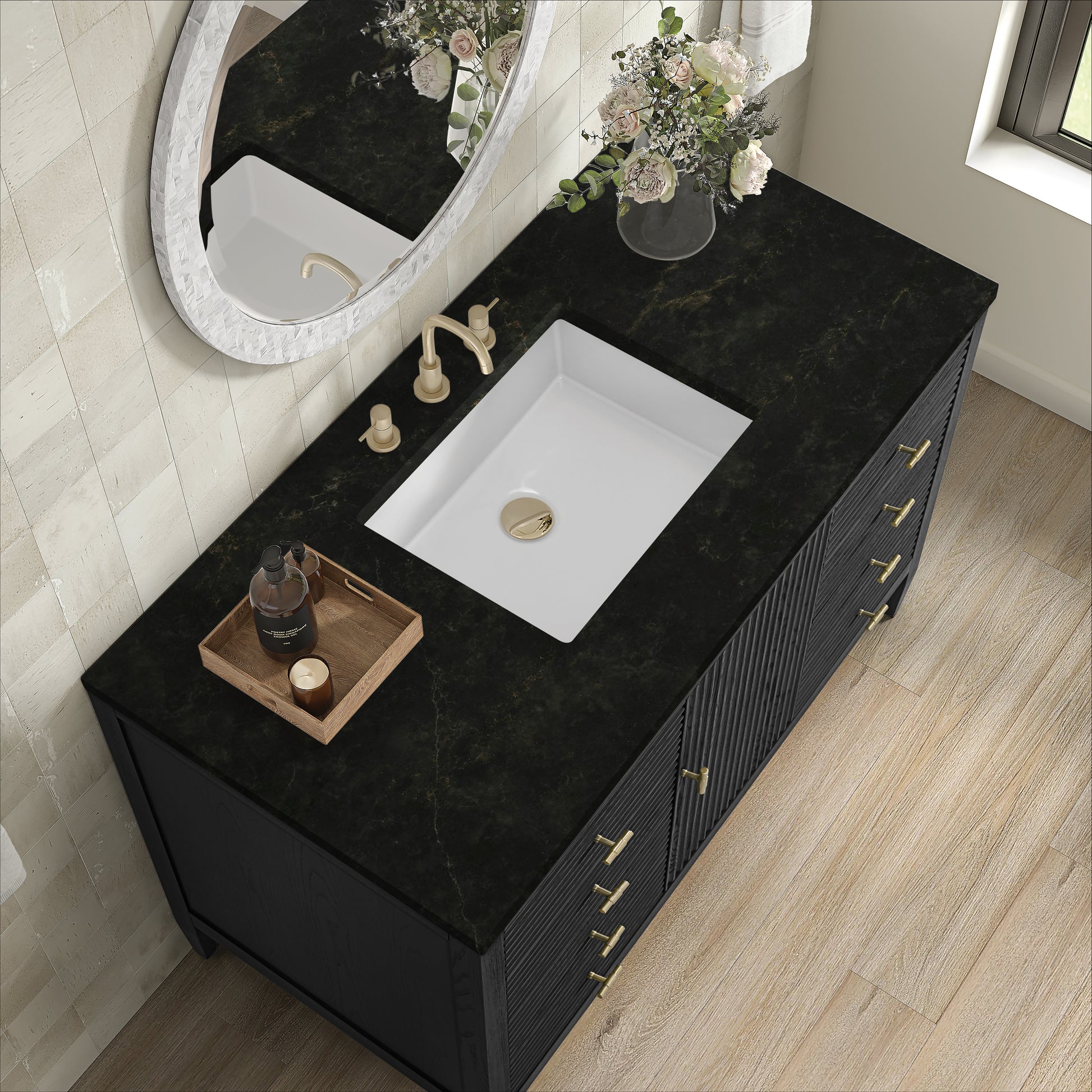 Renovate for Less Atlanta Myrrin 48" Single Vanity, Carbon Oak, w/ 3 CM Phantome Eclos Top
