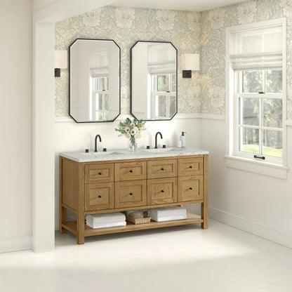 Breckenridge 60" Double Vanity, Light Natural Oak, w/ 3 CM Victorian Silver Quartz Top w/FreePower Wireless Charger