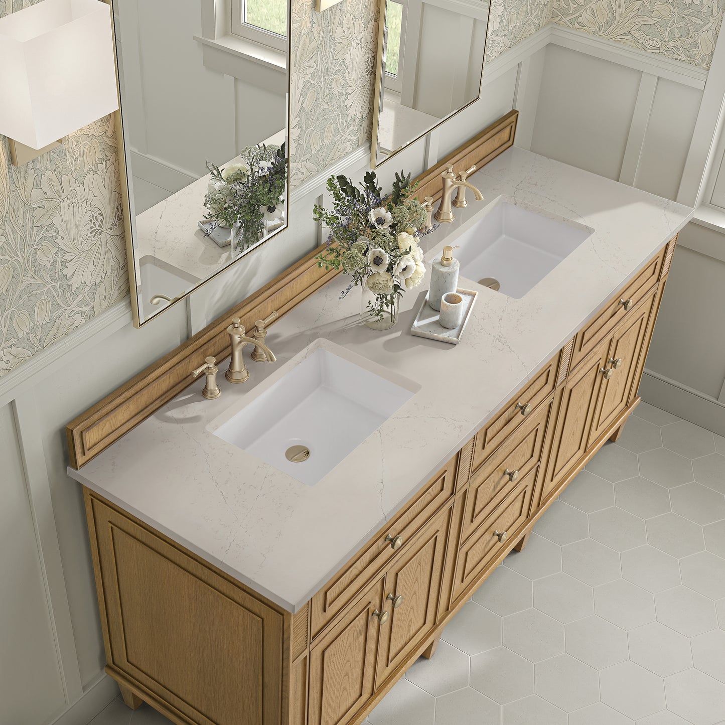 Renovate for Less Atlanta Lorelai 72" Double Vanity, Light Natural Oak, w/ 3 CM Siberian Silestone Top