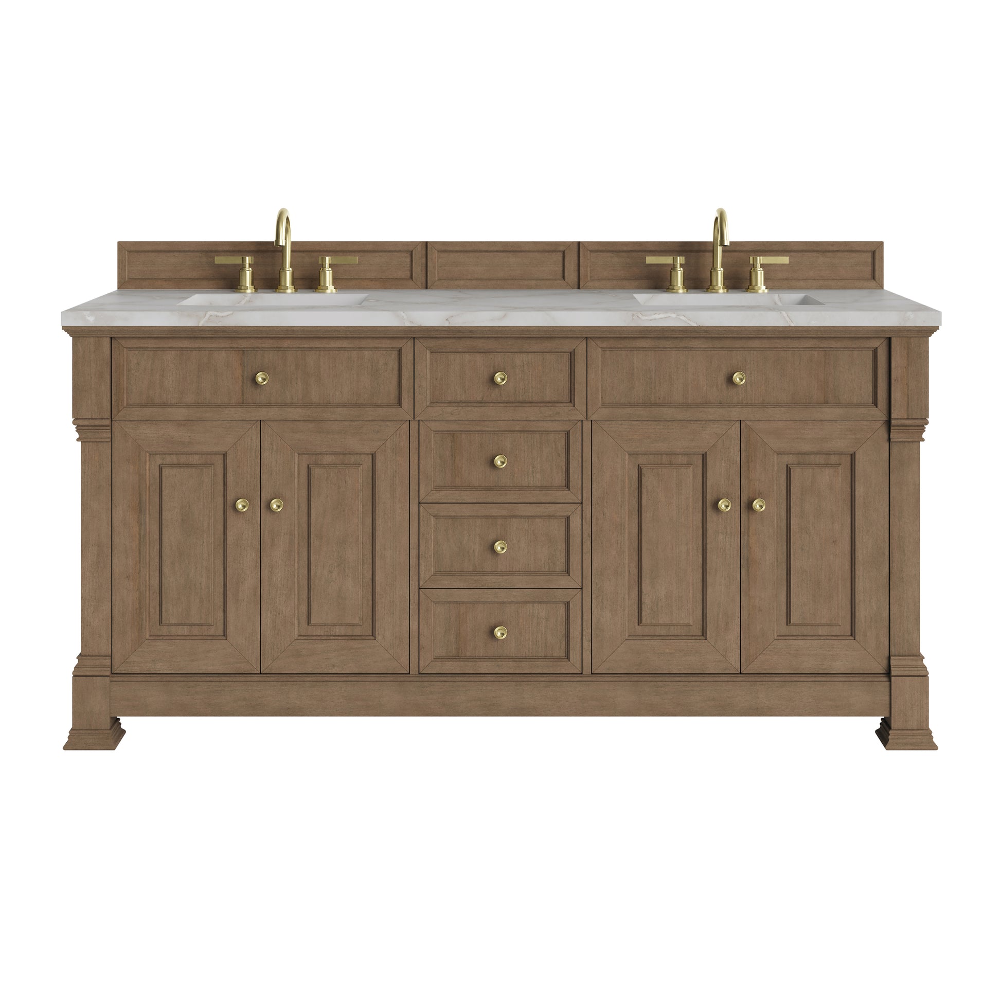 Renovate for Less Atlanta Brookfield 72" Double Vanity, Pecan w/ 3 CM Victorian Silver  Silestone Top w/ FreePower Wireless Charger