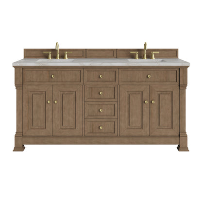 Renovate for Less Atlanta Brookfield 72" Double Vanity, Pecan w/ 3 CM Victorian Silver  Silestone Top w/ FreePower Wireless Charger