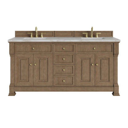 Brookfield 72" Double Vanity, Pecan w/ 3 CM Victorian Silver  Silestone Top w/ FreePower Wireless Charger