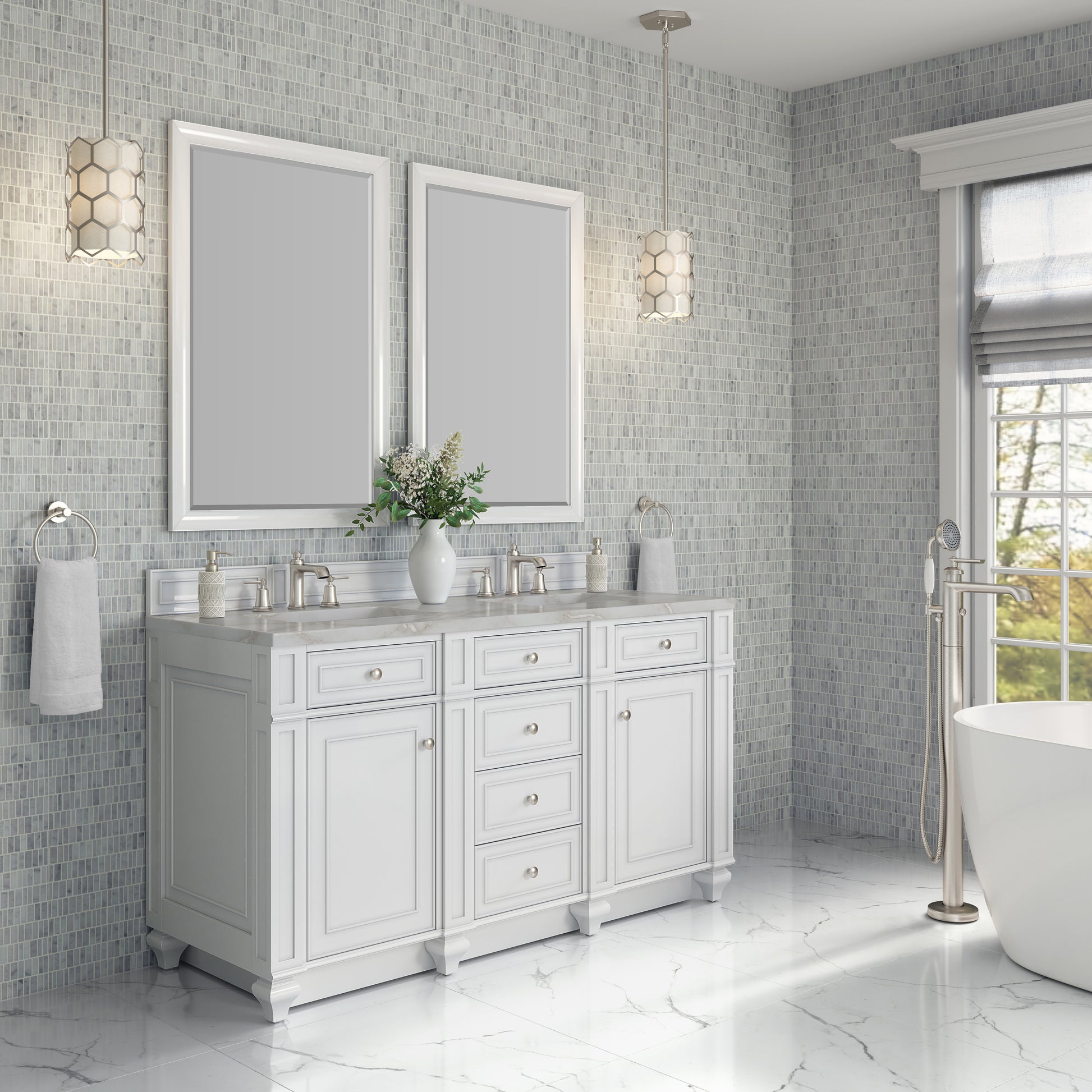 Renovate for Less Atlanta Bristol 60" Double Vanity, Bright White w/ 3 CM Victorian Silver Silestone Top