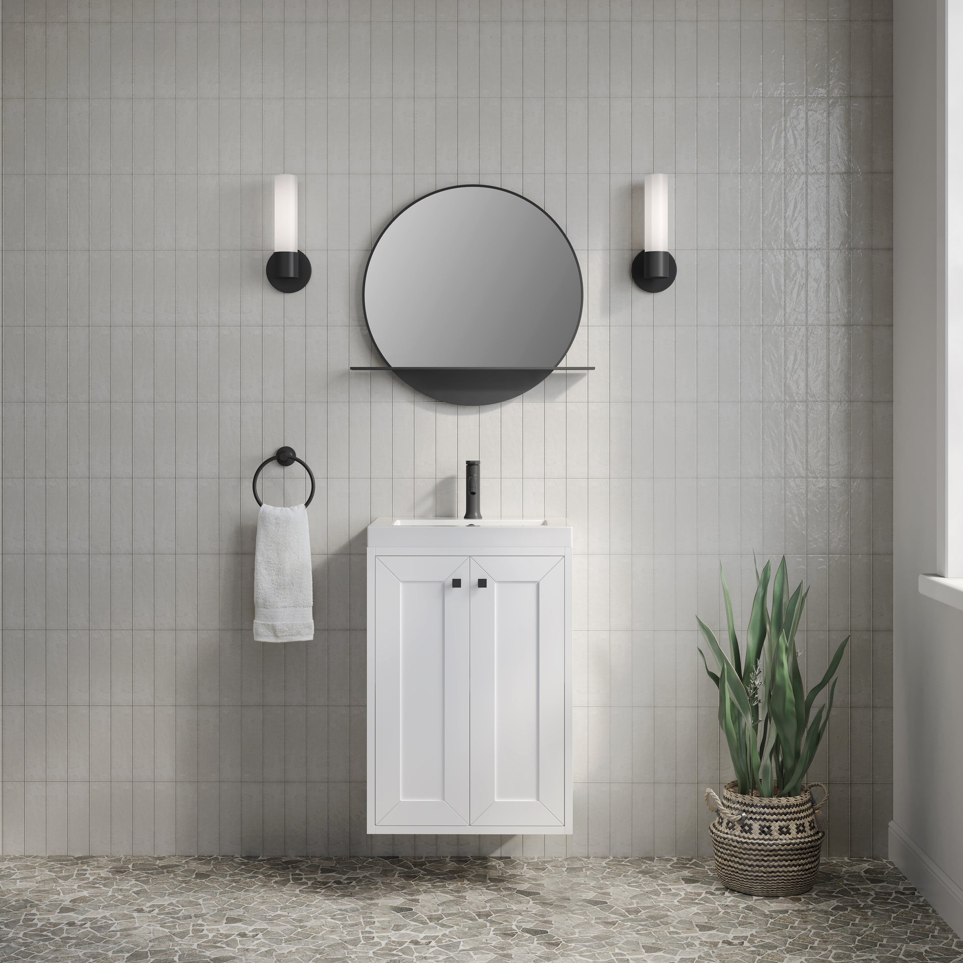 Renovate for Less Atlanta Chianti 20" Single Vanity, Glossy White, Matte Black, w/ White Glossy Composite Stone Top