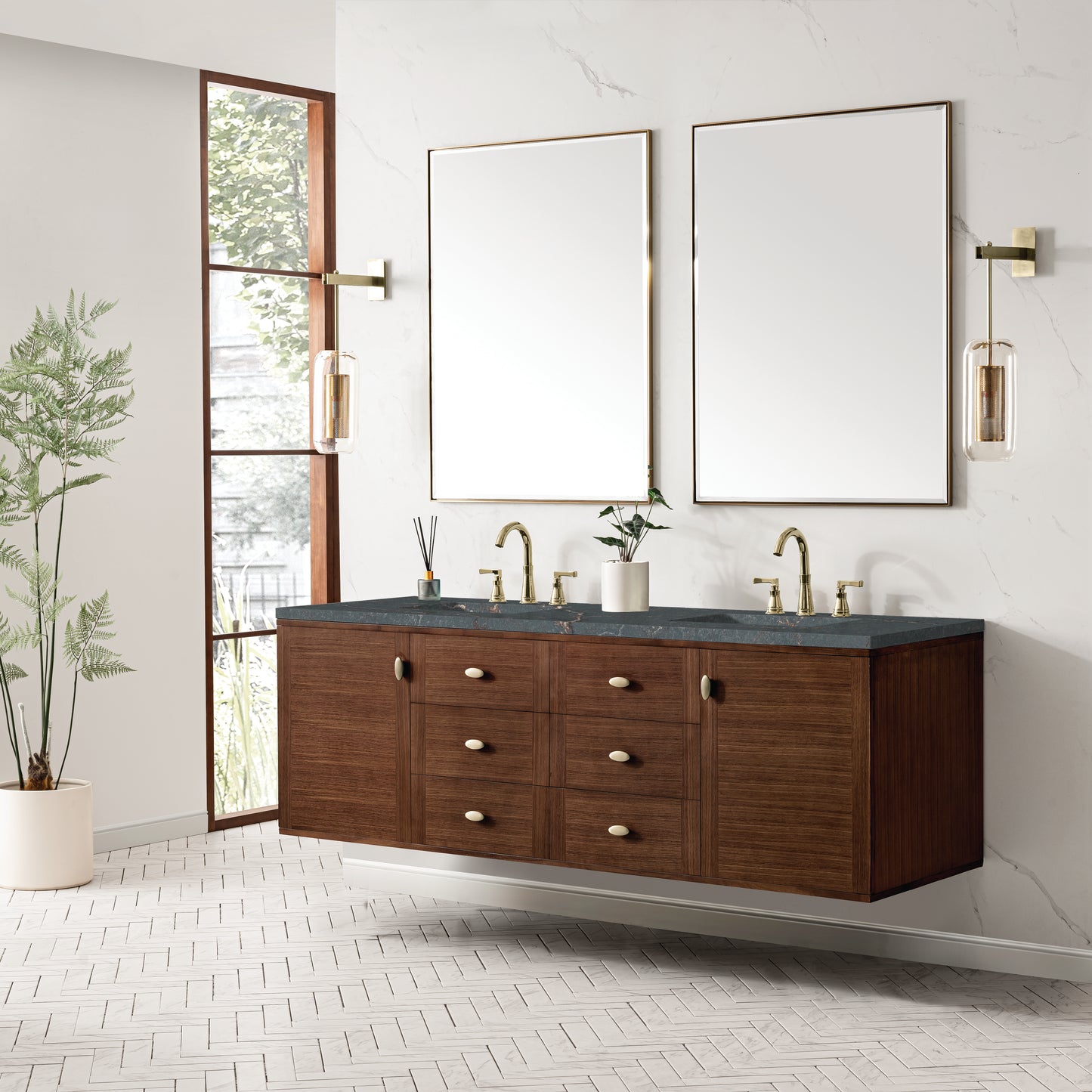 Renovate for Less Atlanta Amberly 72" Double Vanity, Mid-Century Walnut w/ 3 CM Parisien Bleu Top w/FreePower Wireless Charger