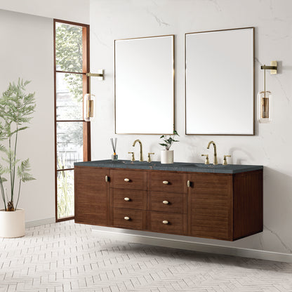 Renovate for Less Atlanta Amberly 72" Double Vanity, Mid-Century Walnut w/ 3 CM Parisien Bleu Top w/FreePower Wireless Charger
