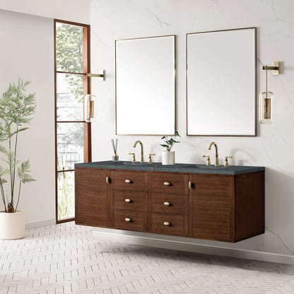 Amberly 72" Double Vanity, Mid-Century Walnut w/ 3 CM Parisien Bleu Top w/FreePower Wireless Charger