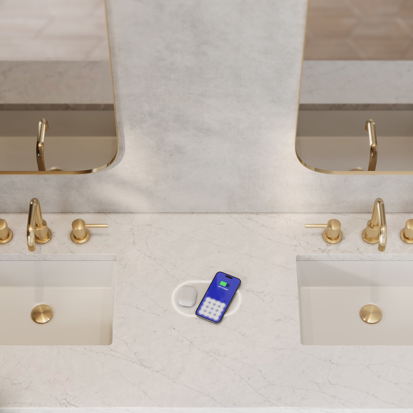 Renovate for Less Atlanta Brittany 72" Double Vanity, Bright White Vanity w/ 3 CM Eternal Jasmine Pearl Silestone Top w/FreePower Wireless Charger