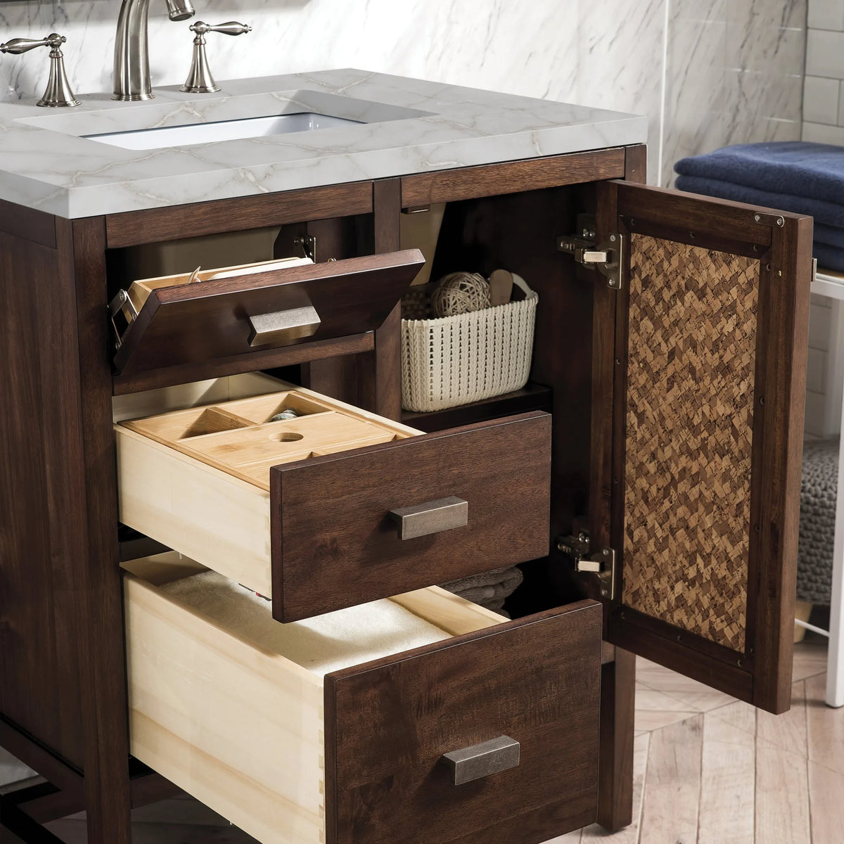 Addison 30" Single Vanity, Mid-Century Acacia w/ 3 CM Victorian Silver Silestone Top