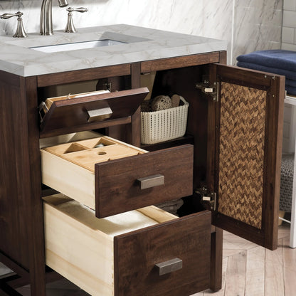 Addison 30" Single Vanity, Mid-Century Acacia w/ 3 CM Victorian Silver Silestone Top