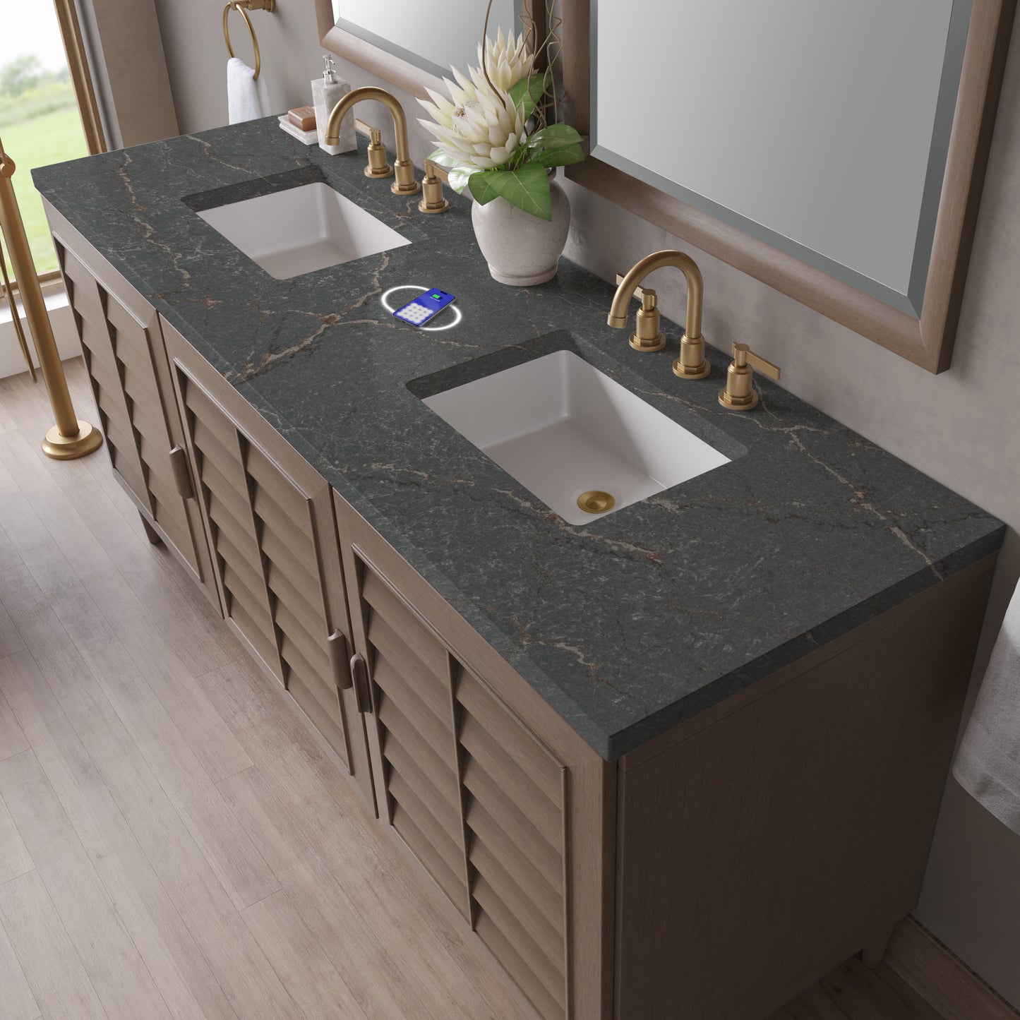 Renovate for Less Atlanta Portland 72" Double Vanity Whitewashed Walnut w/ 3 CM Parisien Bleu Silestone Top w/FreePower Wireless Charger