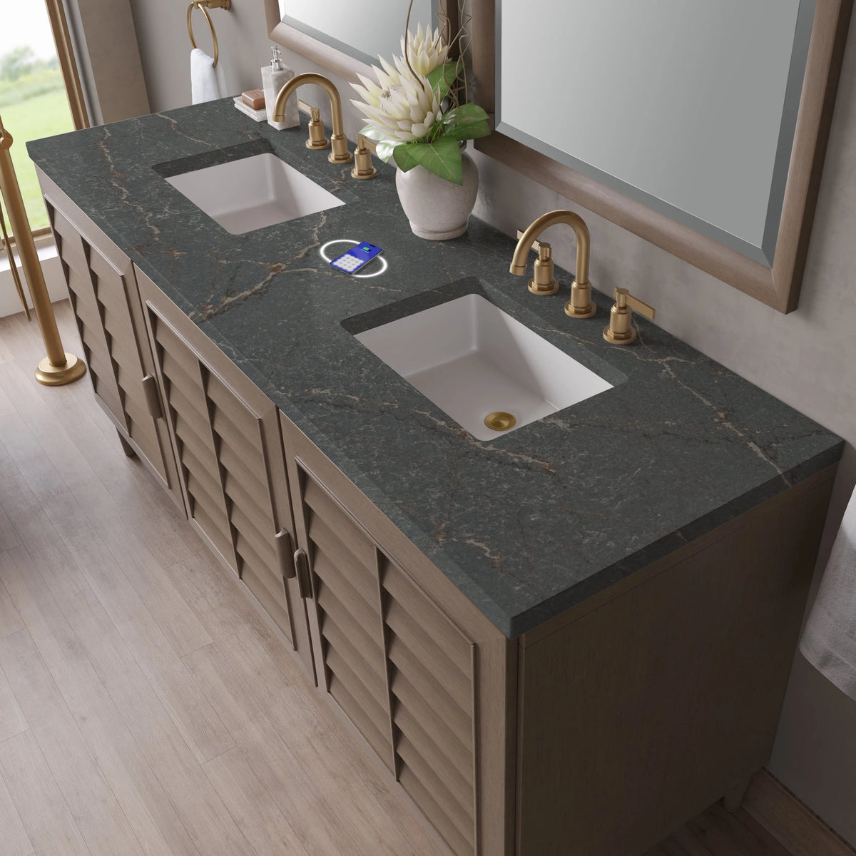 Portland 72" Double Vanity Whitewashed Walnut w/ 3 CM Parisien Bleu Silestone Top w/FreePower Wireless Charger