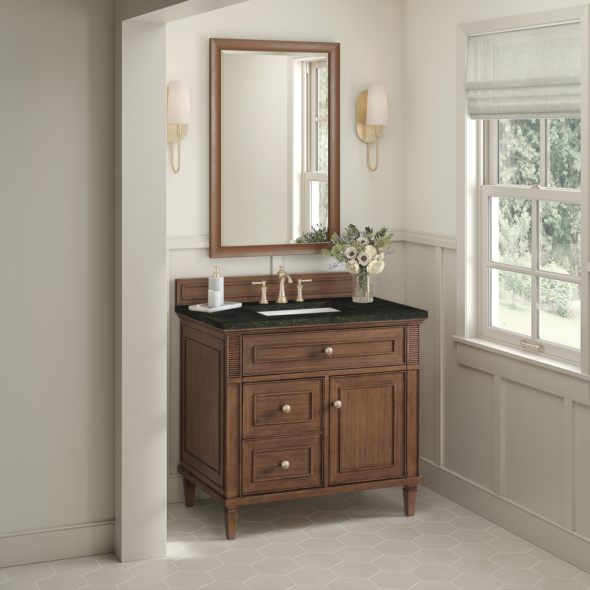 Renovate for Less Atlanta Lorelai 36" Single Vanity, Mid-Century Walnut, w/ 3 CM Phantome Eclos Top