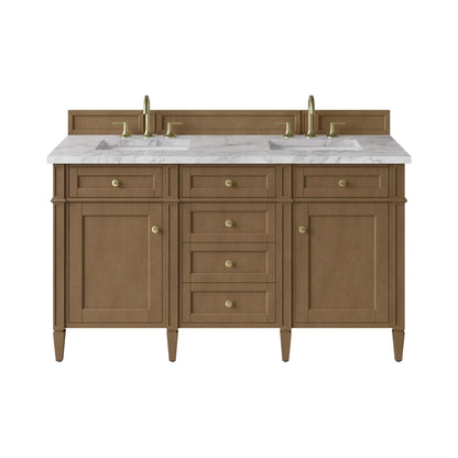 Brittany 60" Double Vanity, Pecan w/ 3 CM Carrara Marble Top