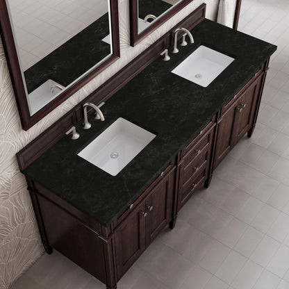 Brittany 72" Double Vanity, Burnished Mahogany, w/ 3 CM Phantome Eclos Top