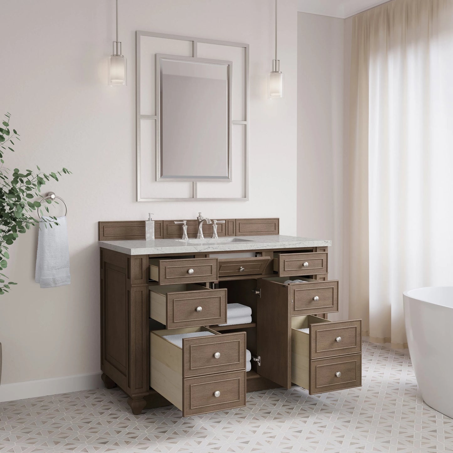 Bristol 48" Single Vanity, Whitewashed Walnut w/ 3 CM Eternal Jasmine Pearl Silestone Top