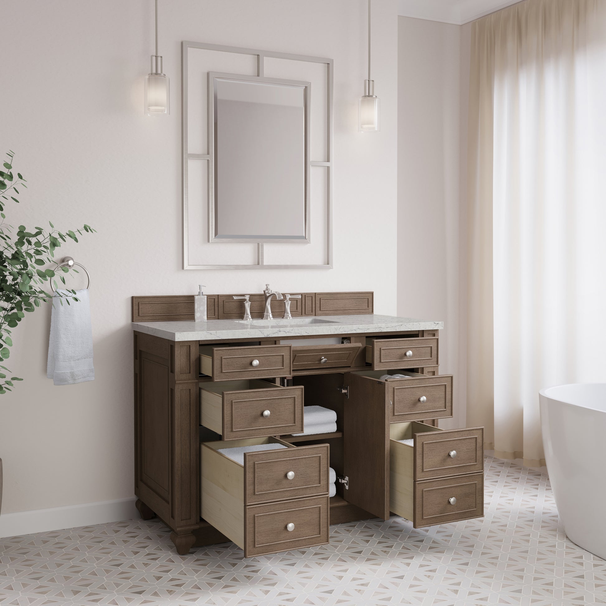 Renovate for Less Atlanta Bristol 48" Single Vanity, Whitewashed Walnut w/ 3 CM Eternal Jasmine Pearl Silestone Top