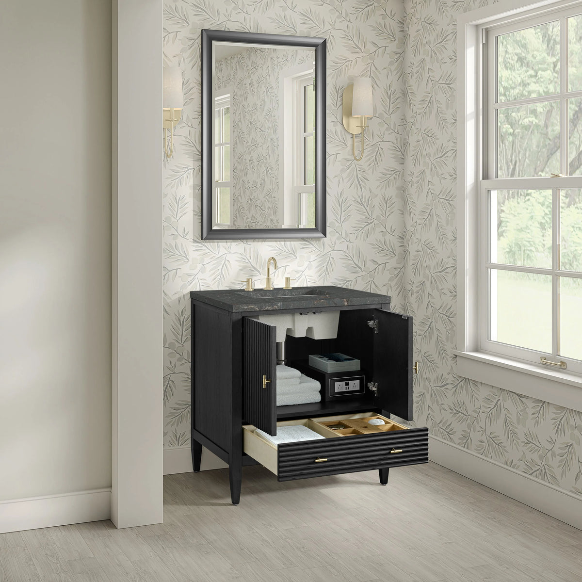 Myrrin 30" Single Vanity, Carbon Oak w/ 3 CM Parisien Bleu Silestone Top