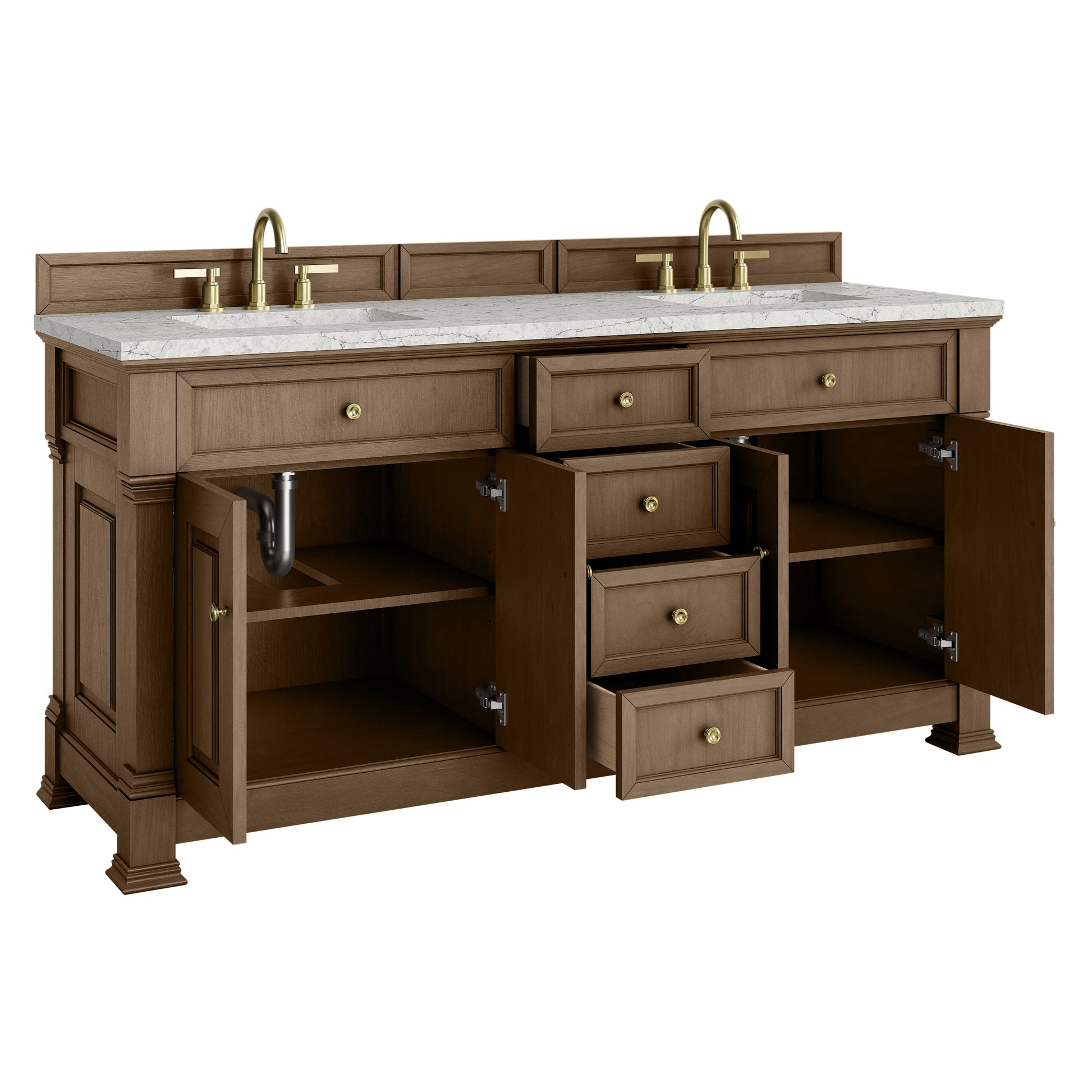 Renovate for Less Atlanta Brookfield 72" Double Vanity, Pecan w/ 3 CM Eternal Jasmine Pearl Silestone Top w/ FreePower Wireless Charger