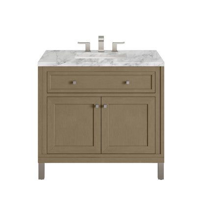 Renovate for Less Atlanta Chicago 36" Single Vanity, Walnut Whisper, w/ 3 CM Carrara Marble Top