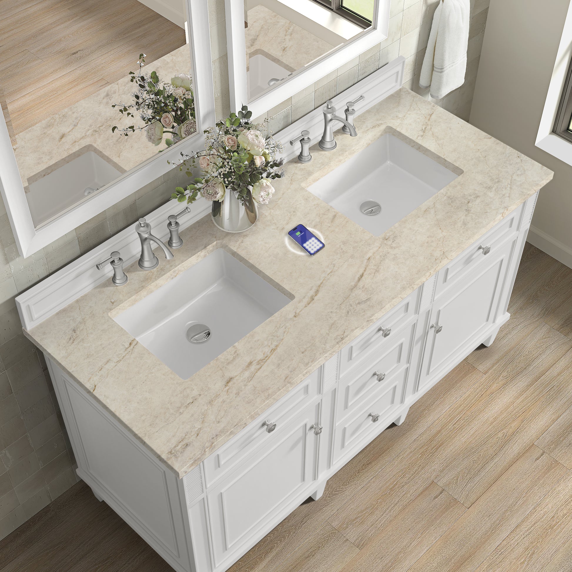 Renovate for Less Atlanta Lorelai 60" Double Vanity, Bright White, w/ 3 CM Tajnar Eclos Top w/FreePower Wireless Charger