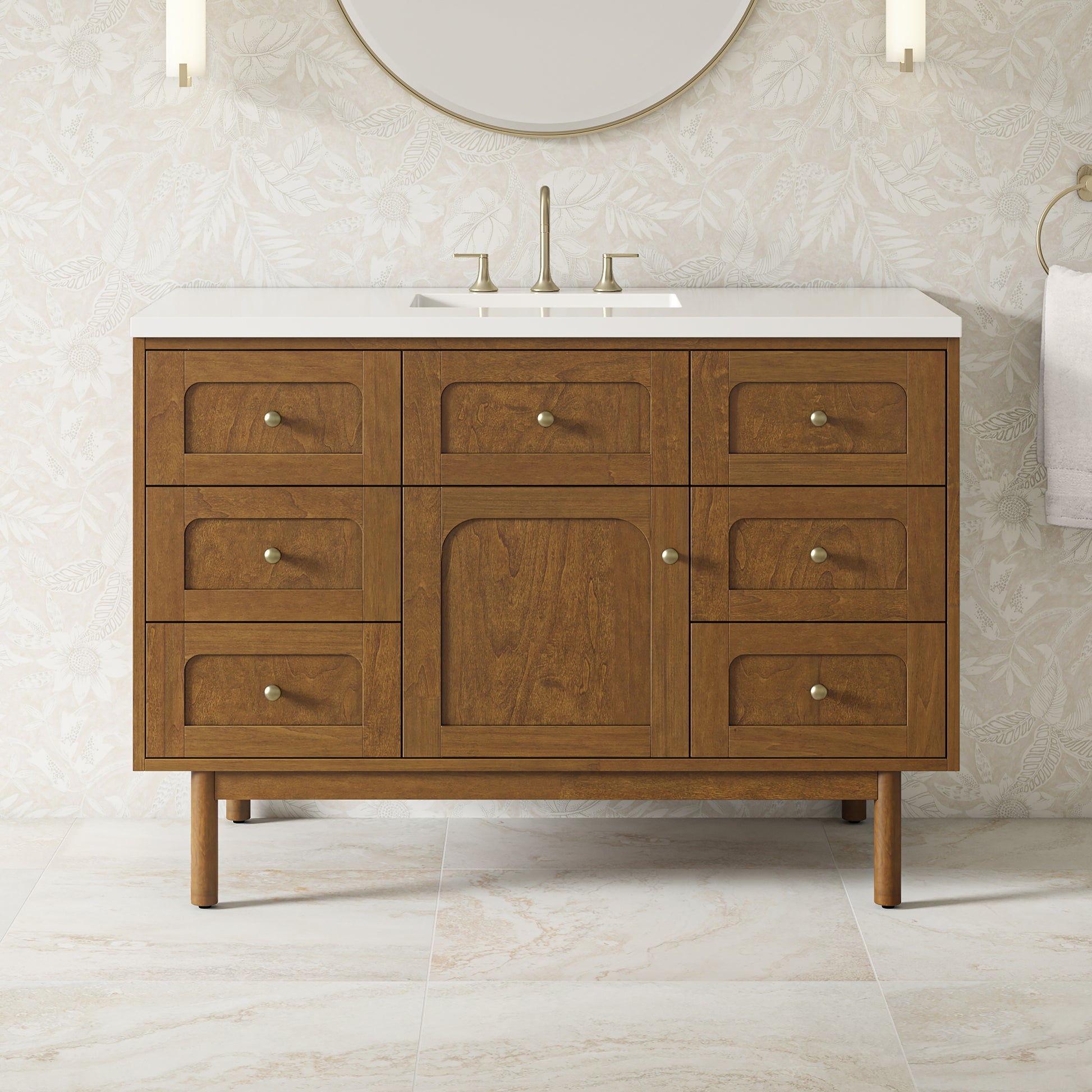 Renovate for Less Atlanta Laurent 48" Single Vanity, Honey Oak w/ 3 CM White Zeus Silestone Top