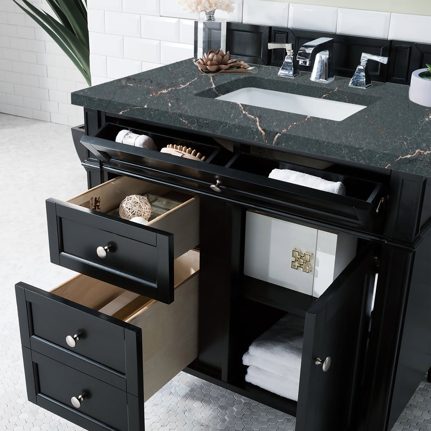Renovate for Less Atlanta Brittany 36" Single Vanity, Black Onyx w/ 3 CM Parisien Bleu Silestone Top