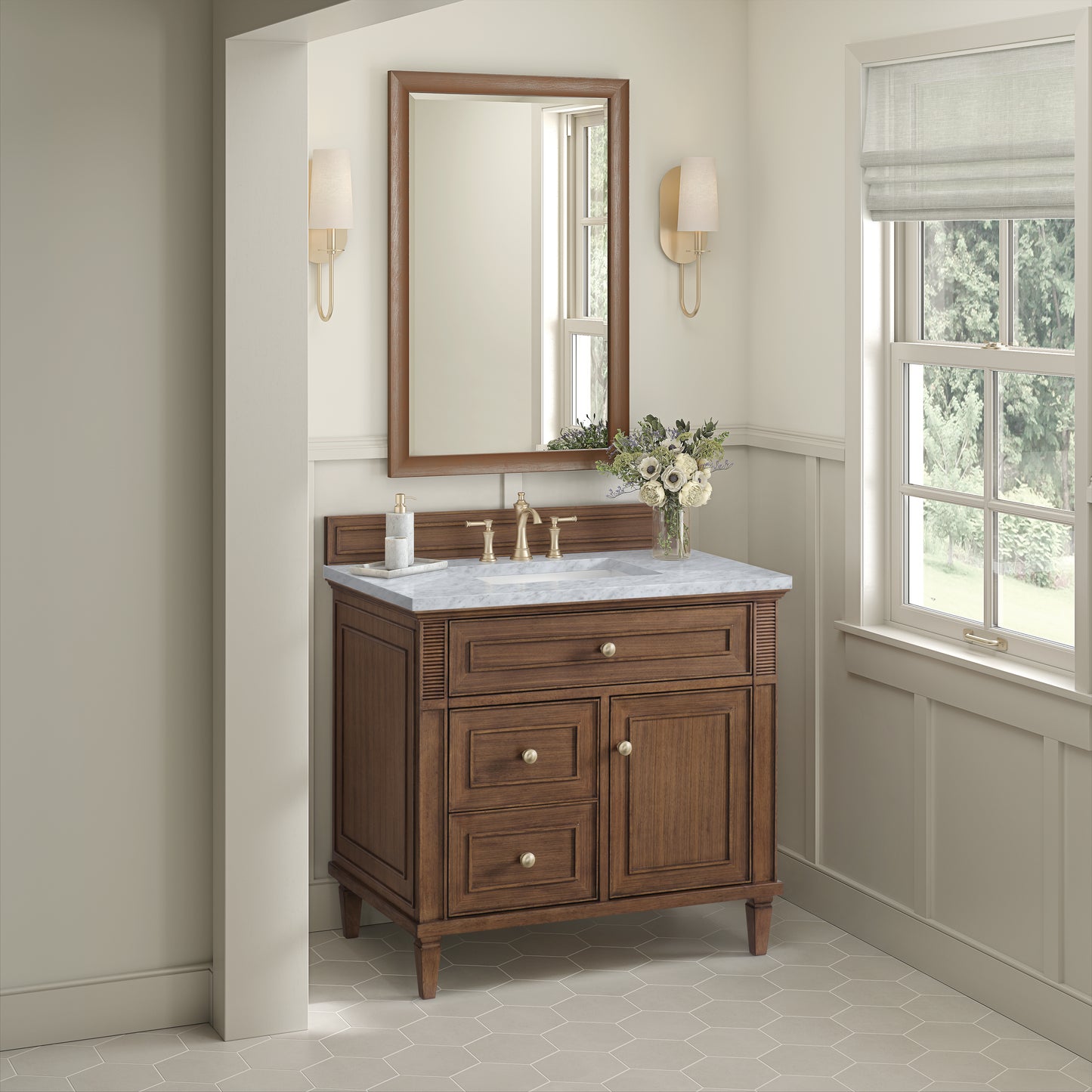 Renovate for Less Atlanta Lorelai 36" Single Vanity, Mid-Century Walnut w/ 3 CM Carrara White Marble Top