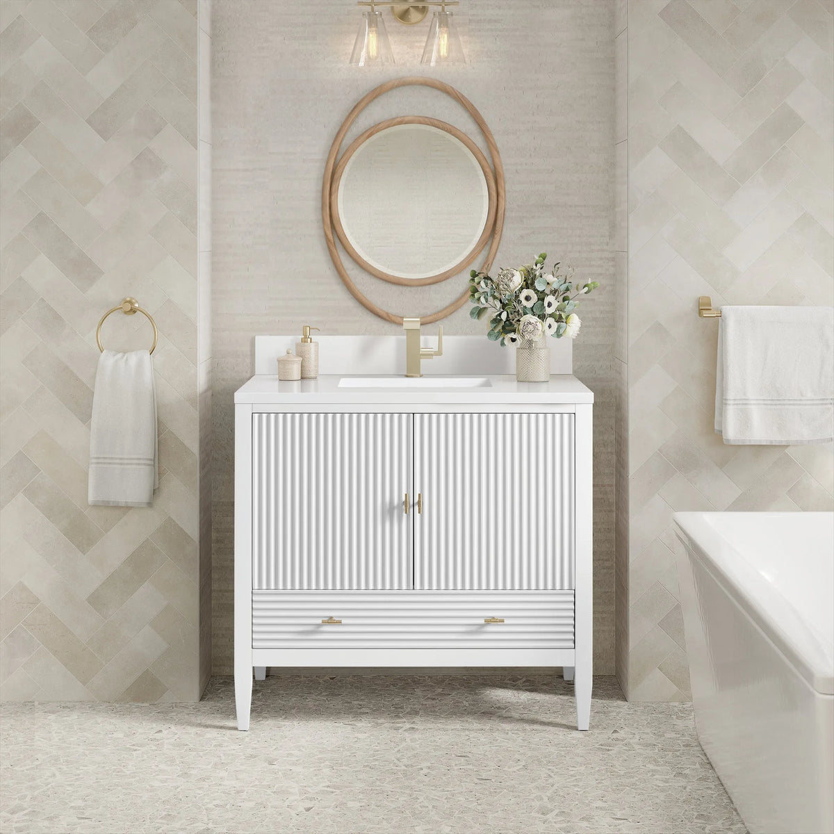 Myrrin 36" Vanity, Bright White w/ Single Hole 3 CM White Zeus Silestone Top & Backsplash