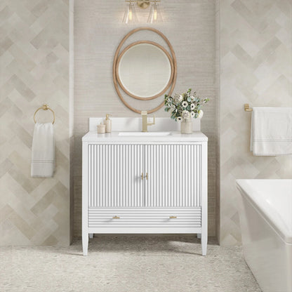 Myrrin 36" Vanity, Bright White w/ Single Hole 3 CM White Zeus Silestone Top & Backsplash