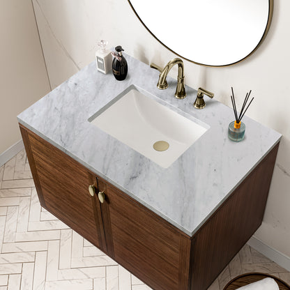 Renovate for Less Atlanta Amberly 36" Single Vanity, Mid-Century Walnut w/ 3 CM Carrara Marble Top