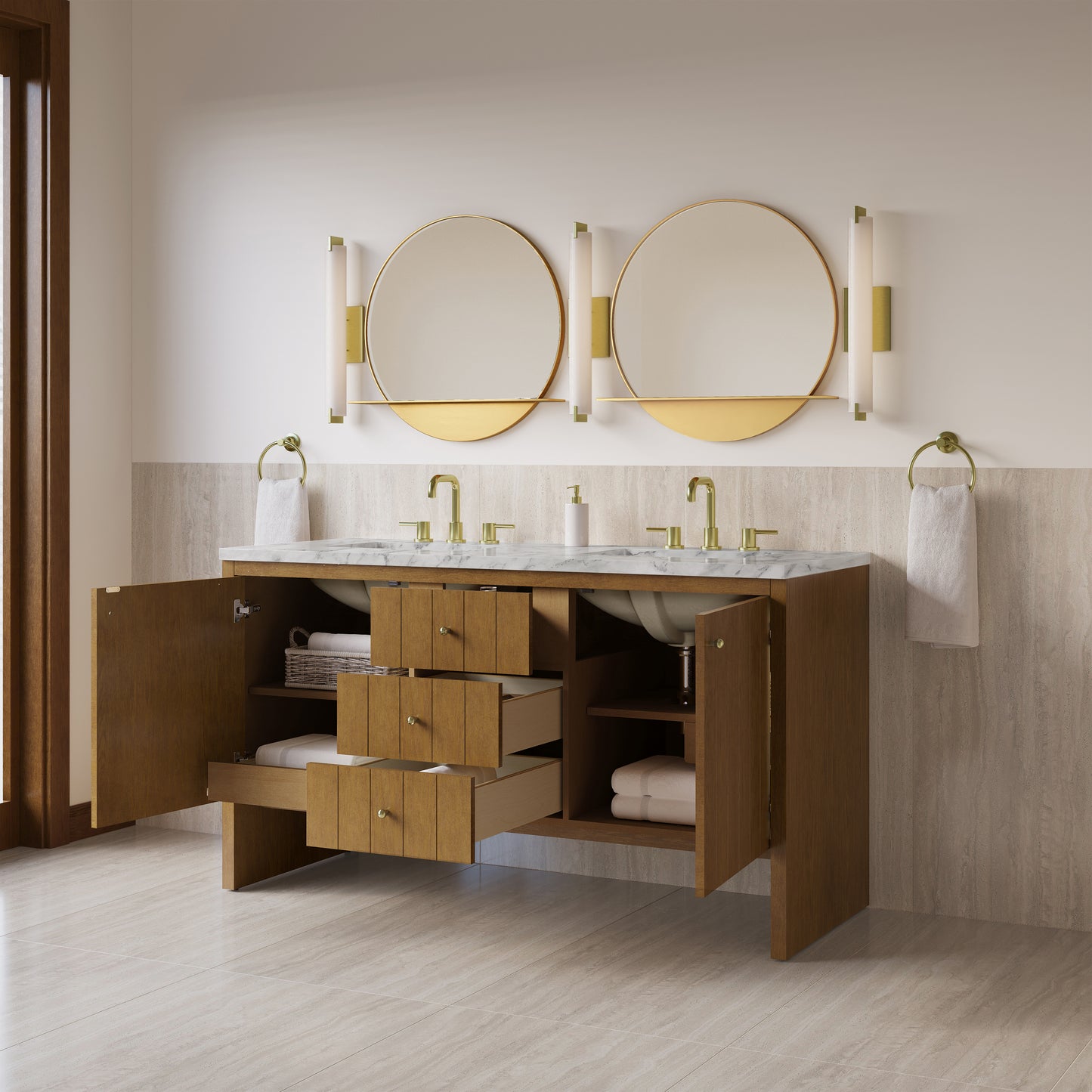 Renovate for Less Atlanta Hudson 60" Double Vanity, Honey Oak w/ 3 CM Carrara Marble Top
