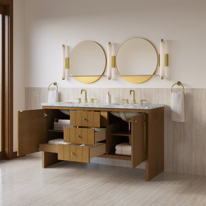 Renovate for Less Atlanta Hudson 60" Double Vanity, Honey Oak w/ 3 CM Carrara Marble Top