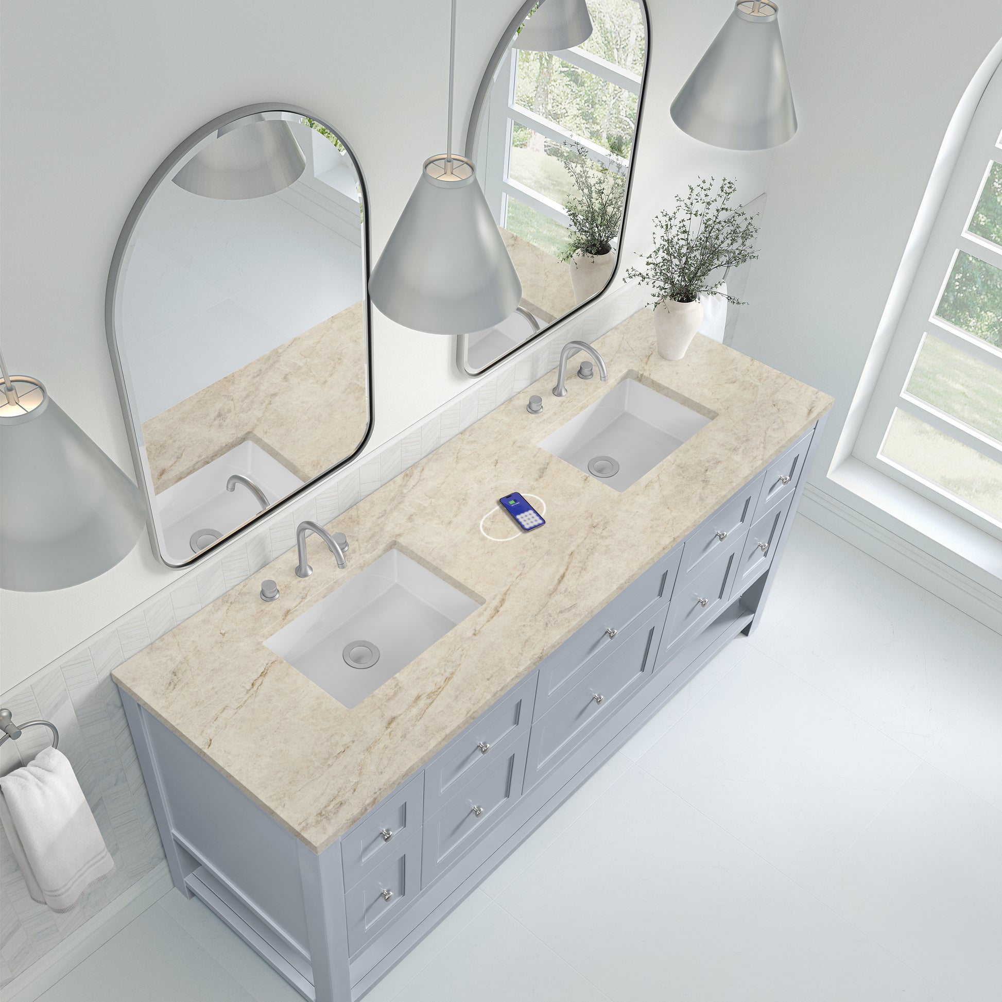 Renovate for Less Atlanta Breckenridge 72" Double Vanity, Serenity Blue, w/ 3 CM Tajnar Eclos Top w/FreePower Wireless Charger