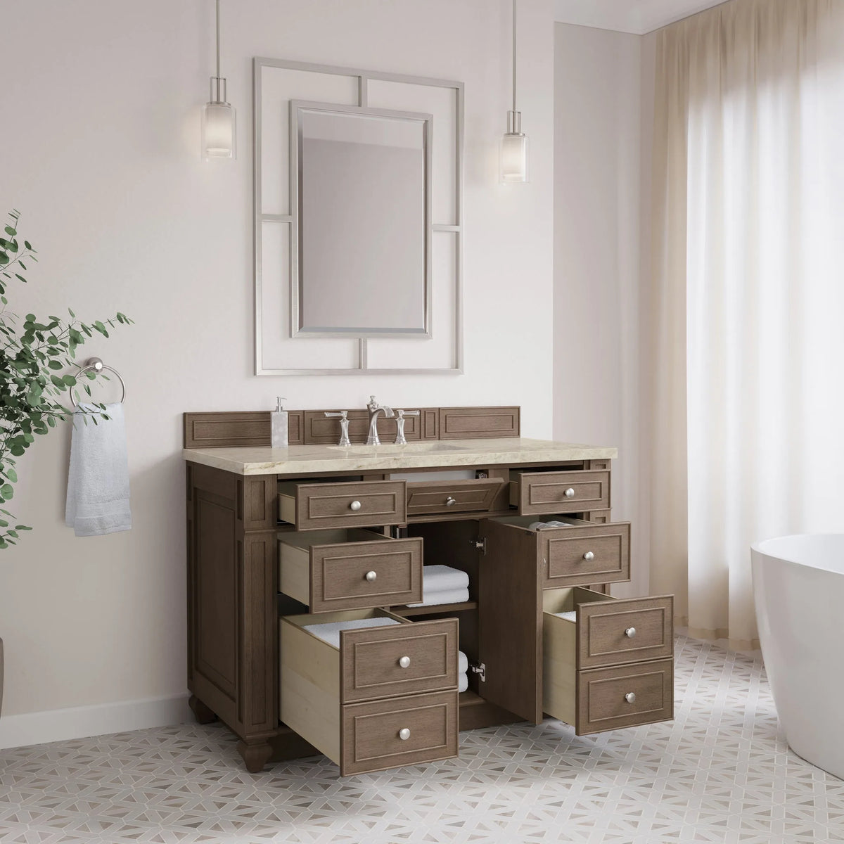 Bristol 48" Single Vanity, Whitewashed Walnut, w/ 3 CM Tajnar Eclos Top w/FreePower Wireless Charger