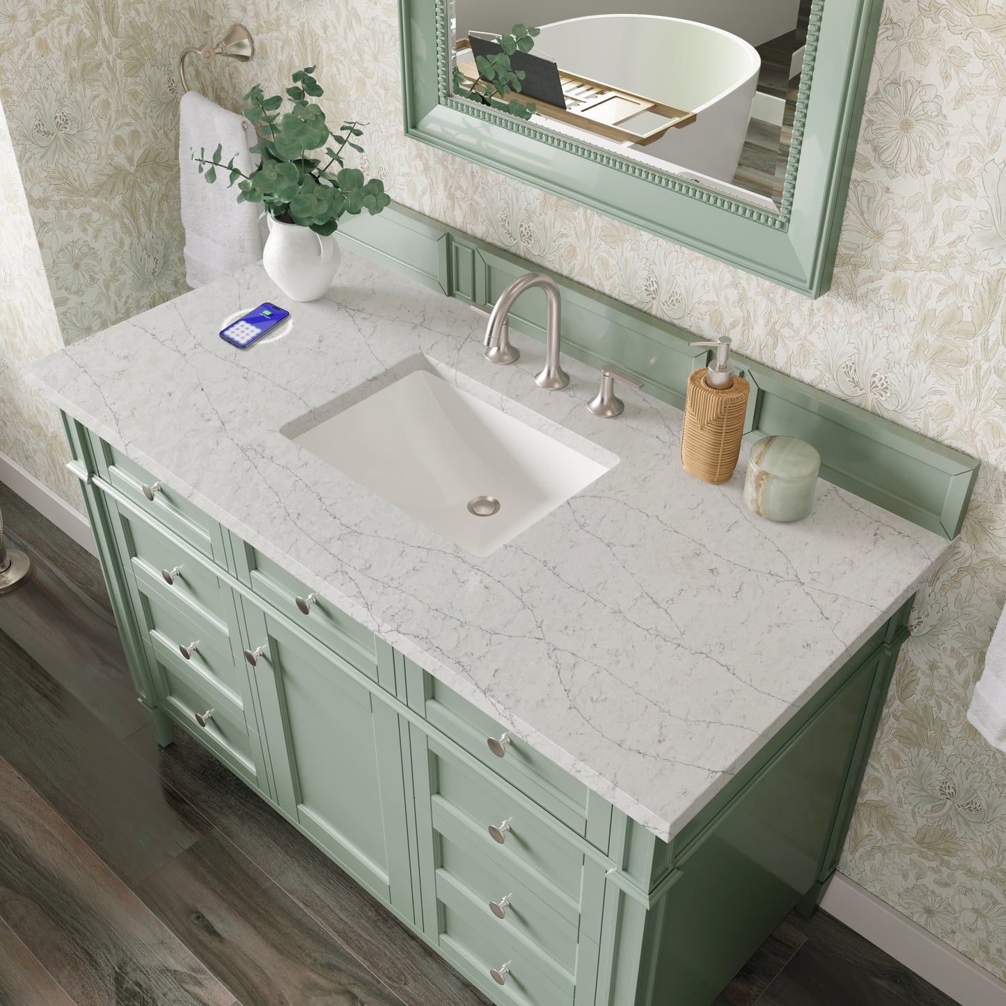 Renovate for Less Atlanta Brittany 48" Single Vanity, Sage Green w/ 3 CM Eternal Jasmine Pearl Silestone Top w/FreePower Wireless Charger