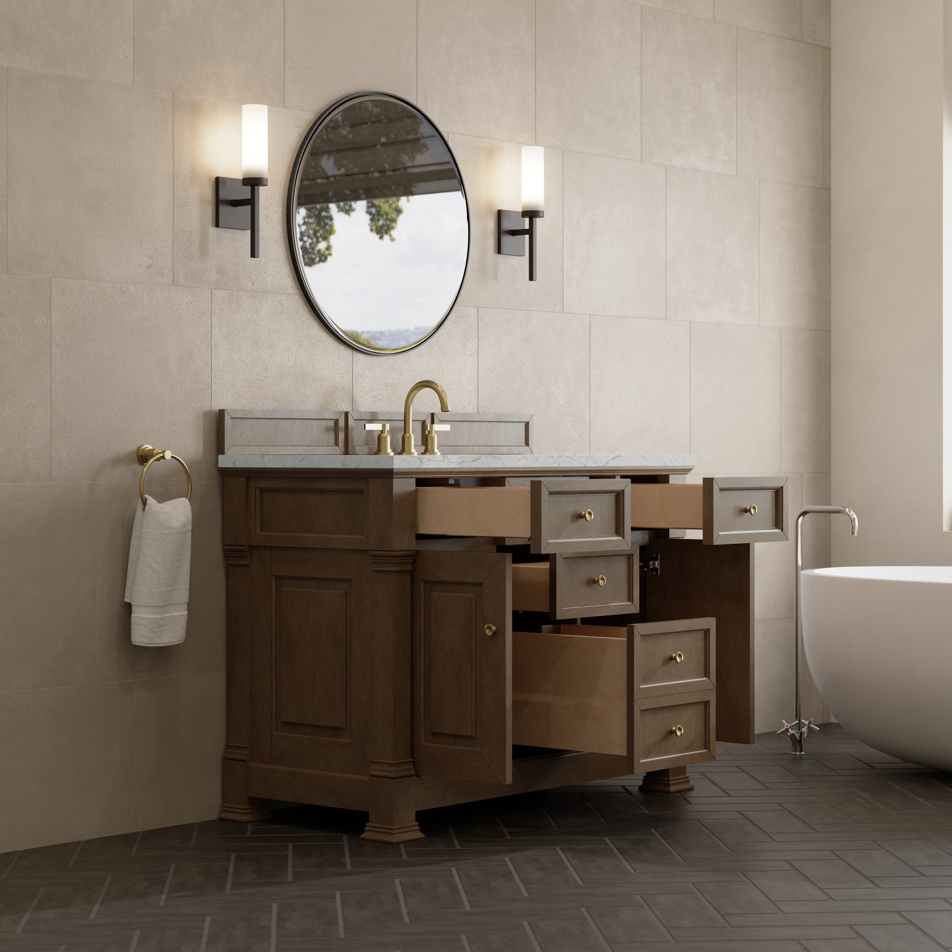 Renovate for Less Atlanta Brookfield 48" Single Vanity, Pecan w/3 CM Eternal Jasmine Pearl Silestone Top