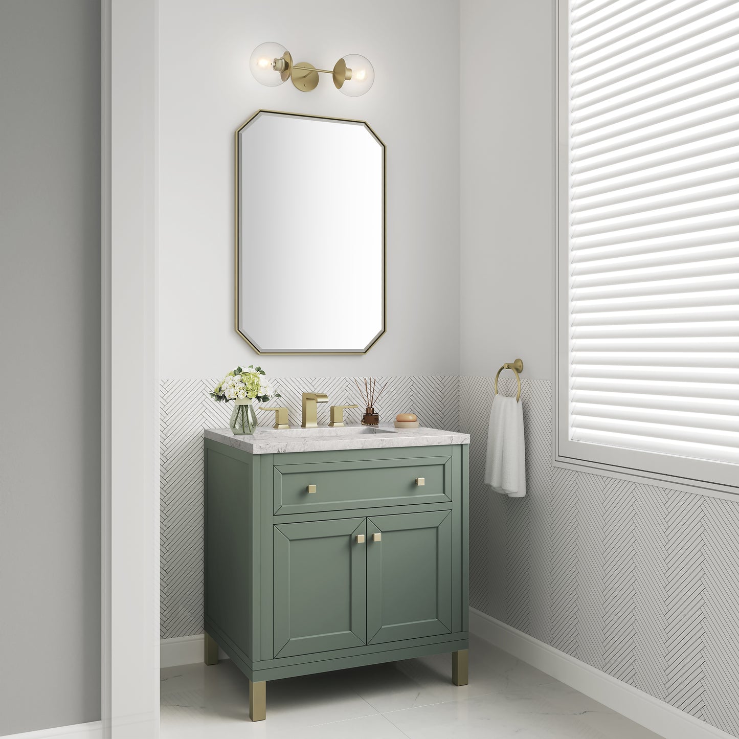 Renovate for Less Atlanta Chicago 30" Single Vanity, Smokey Celadon, w/ 3 CM Eternal Jasmine Pearl Silestone® Top