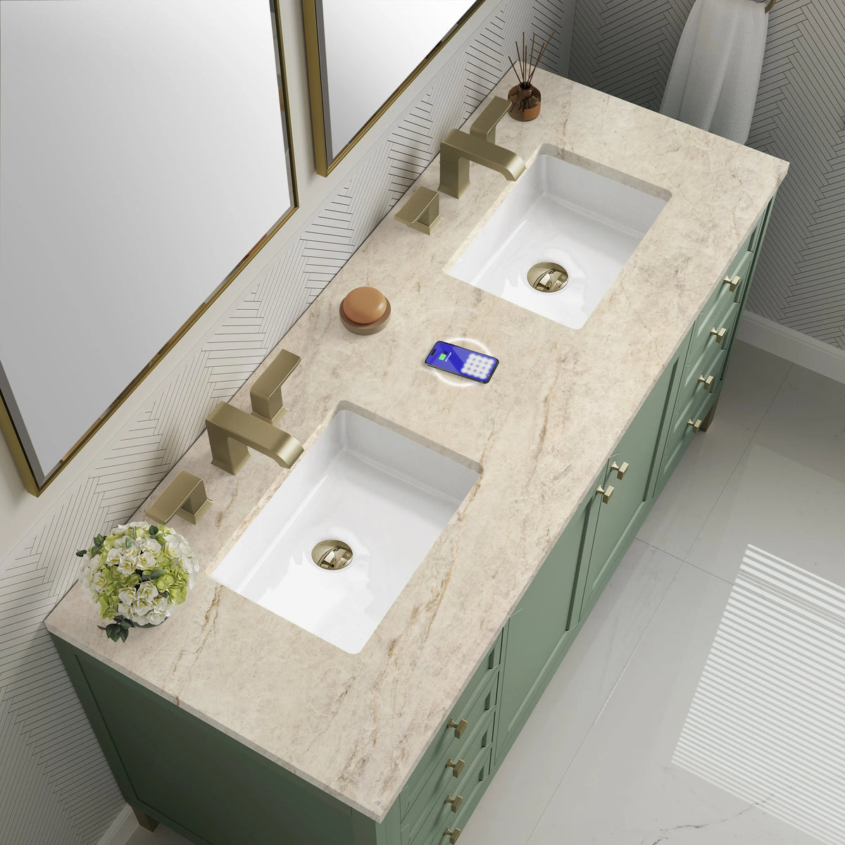 Chicago 60" Double Vanity, Smokey Celadon, w/ 3 CM Tajnar Eclos Top w/FreePower Wireless Charger