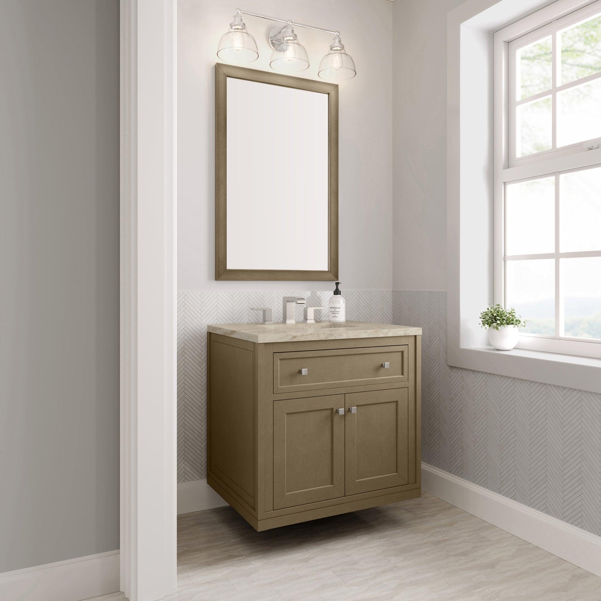 Renovate for Less Atlanta Chicago 30" Single Vanity, Walnut Whisper, w/ 3 CM Tajnar Eclos Top