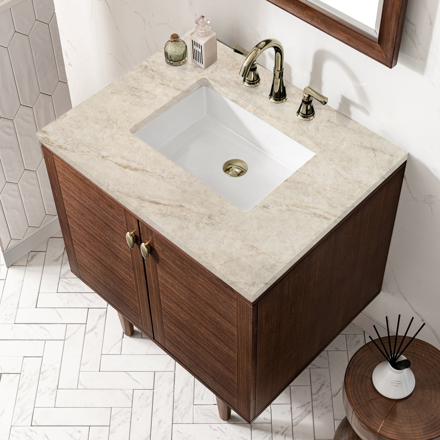 Renovate for Less Atlanta Amberly 30" Single Vanity, Mid-Century Walnut, w/ 3 CM Tajnar Eclos Top