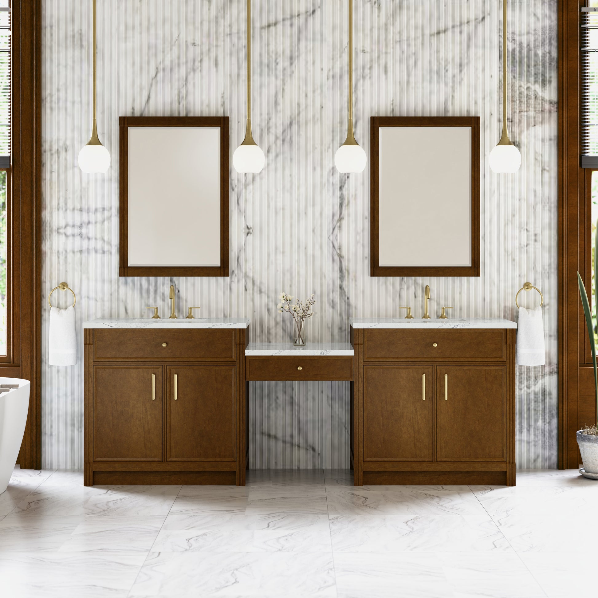 Renovate for Less Atlanta Bellshire 96" Dual Vanity Set with 24" Make-Up Counter, Honey Oak w/3 cm Ethereal Noctis Silestone Top