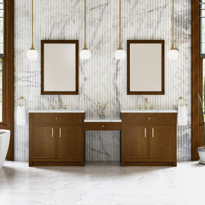 Renovate for Less Atlanta Bellshire 96" Dual Vanity Set with 24" Make-Up Counter, Honey Oak w/3 cm Ethereal Noctis Silestone Top