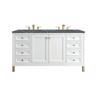 Renovate for Less Atlanta Chicago 60" Double Vanity, Glossy White, w/ 3 CM Parisien Bleu Silestone® Top w/FreePower Wireless Charger
