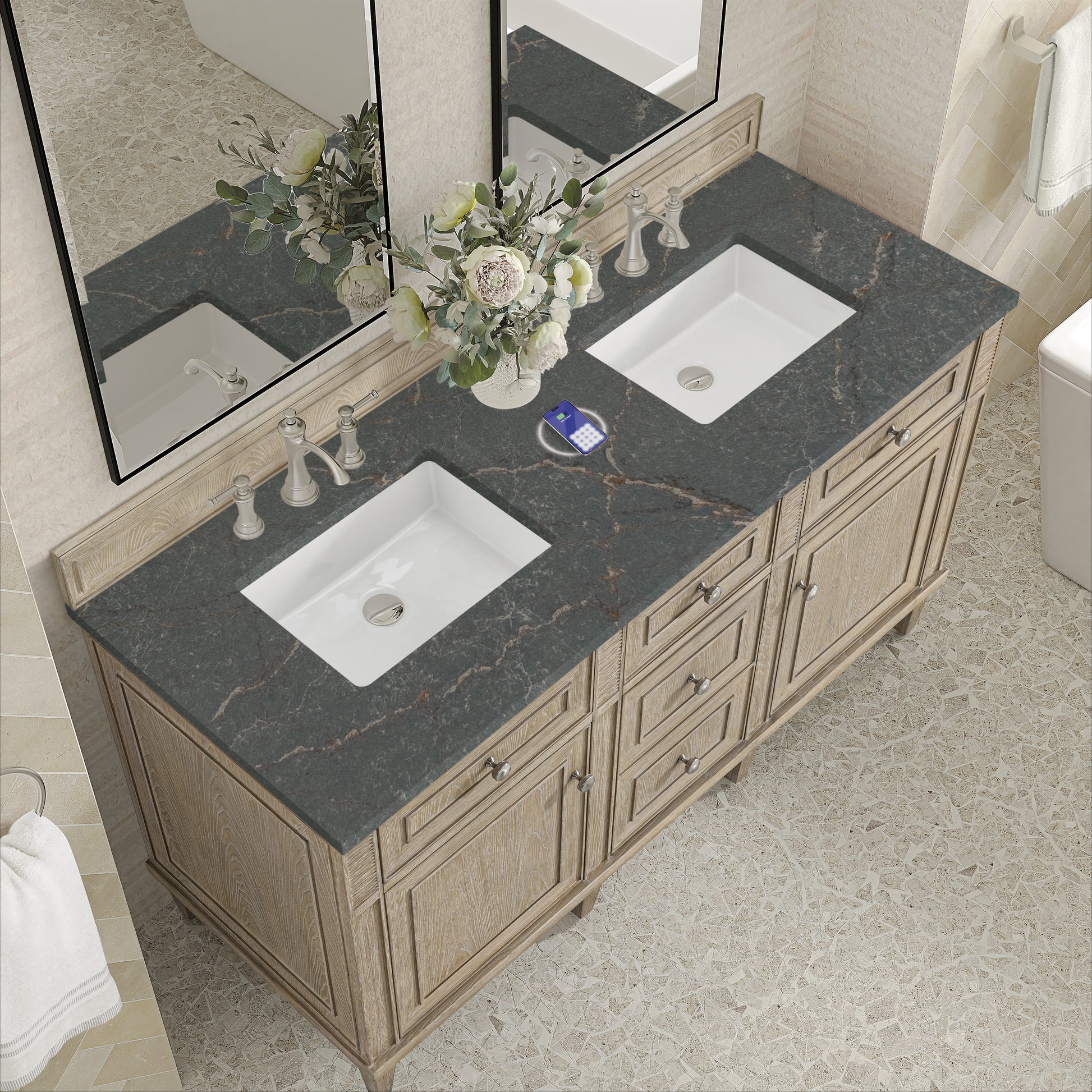 Renovate for Less Atlanta Lorelai 60" Double Vanity, Whitewashed Oak w/ 3 CM Parisien Bleu Silestone Top w/FreePower Wireless Charger