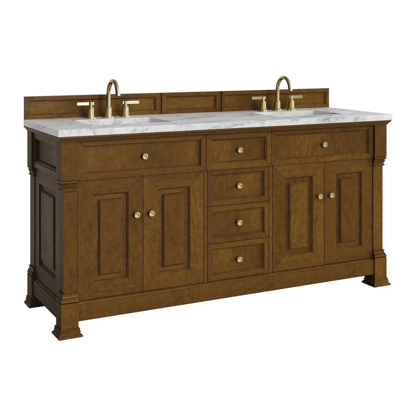 Renovate for Less Atlanta Brookfield 72" Double Vanity, Honey Oak w/3 CM Carrara White Marble Top
