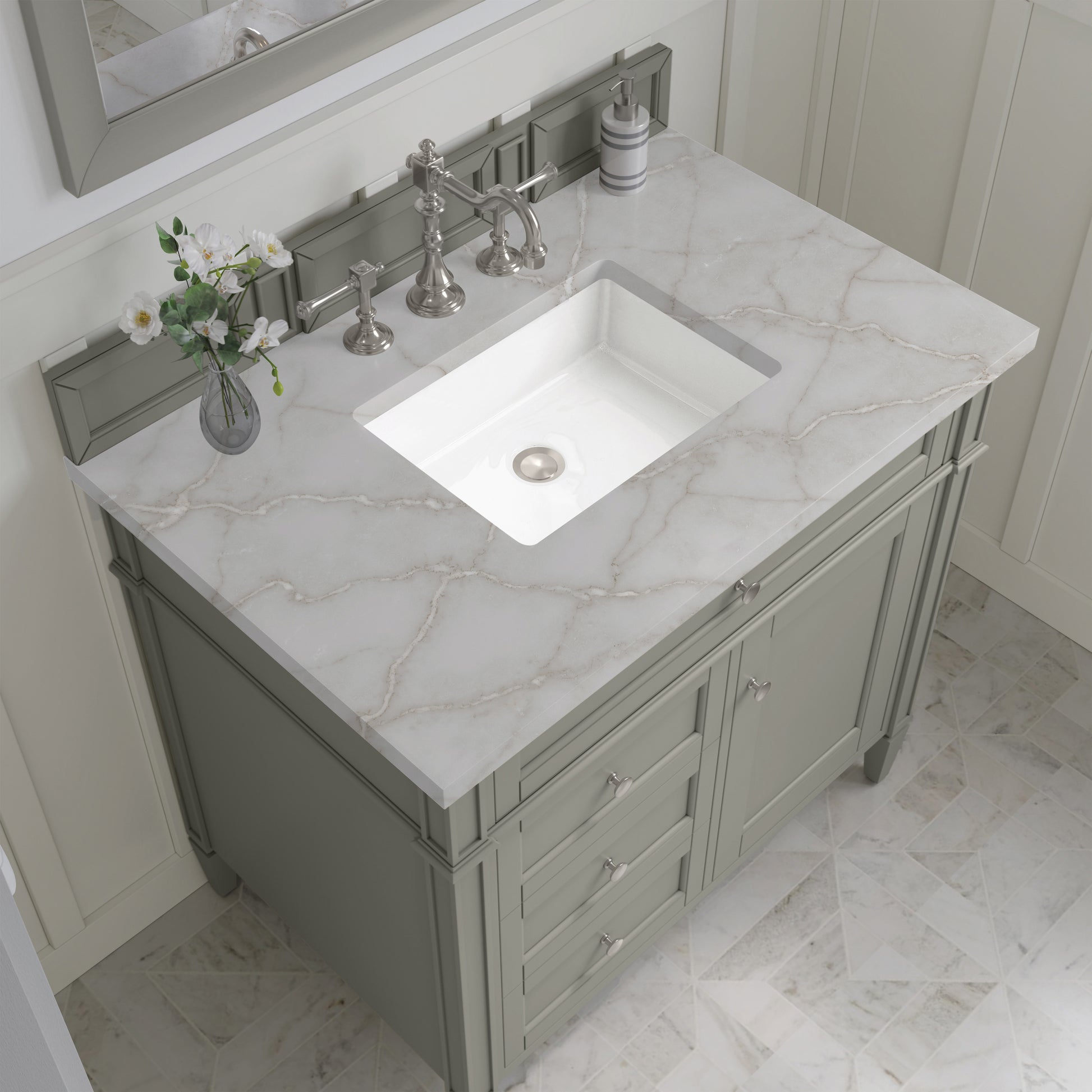 Renovate for Less Atlanta Brittany 36" Single Vanity, Urban Gray w/ 3 CM Victorian Silver Silestone Top